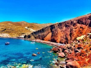 Het rode strand van Santorini Een paradijselijke bestemming